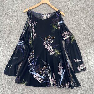 Free People Top Womens Extra Small Clear Skies Tunic Black Floral Cold Shoulder
